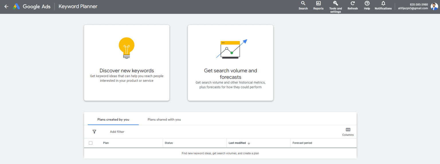 Sau khi bạn đã đăng nhập, hãy nhấp vào “Công cụ” và sau đó là “Kế hoạch từ khóa.” Sau khi bạn đã đăng nhập, hãy nhấp vào “Công cụ” và sau đó là “Kế hoạch từ khóa”