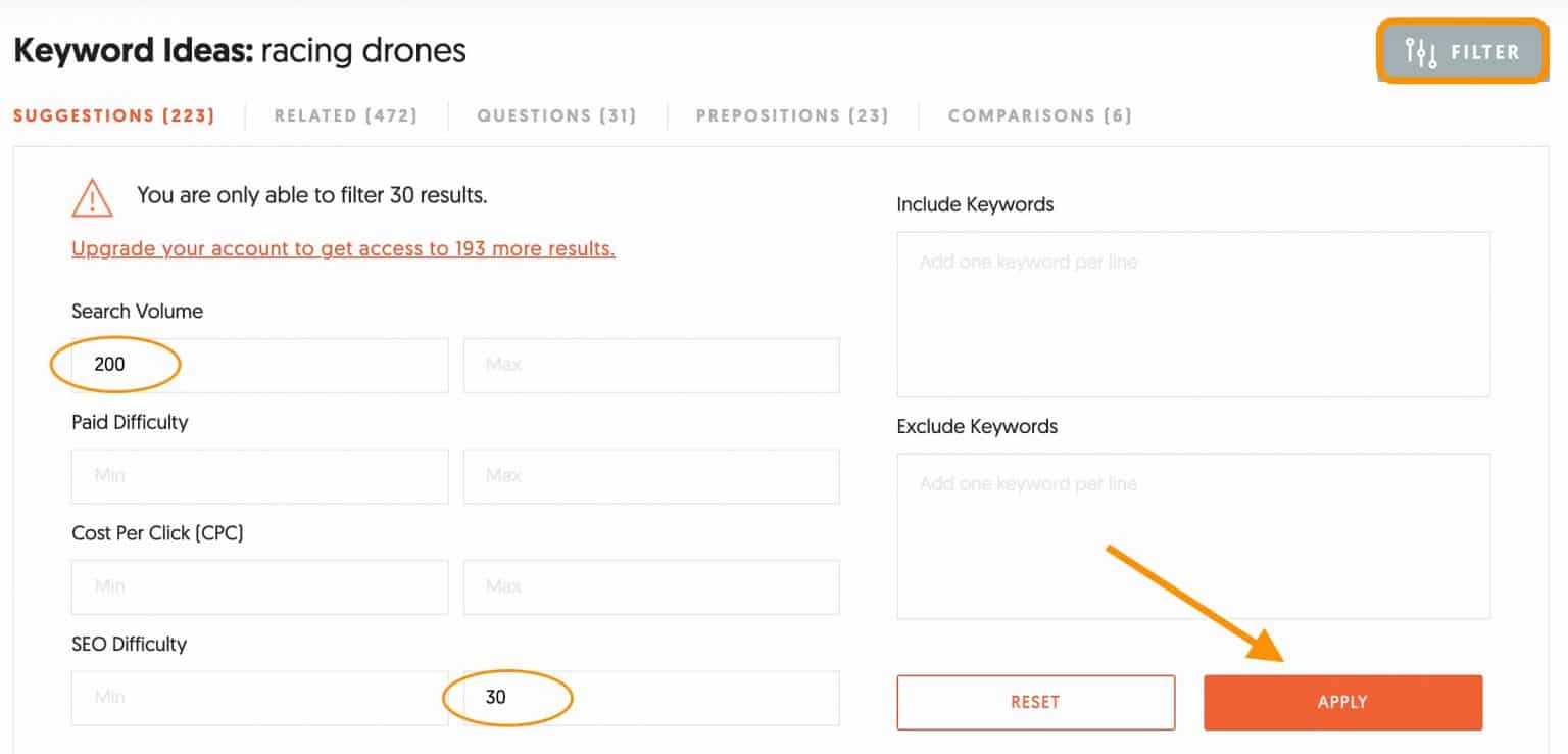 Dùng tính năng filter của Ubersuggest để lọc từ khóa ngách Dùng tính năng filter của Ubersuggest để lọc từ khóa ngách